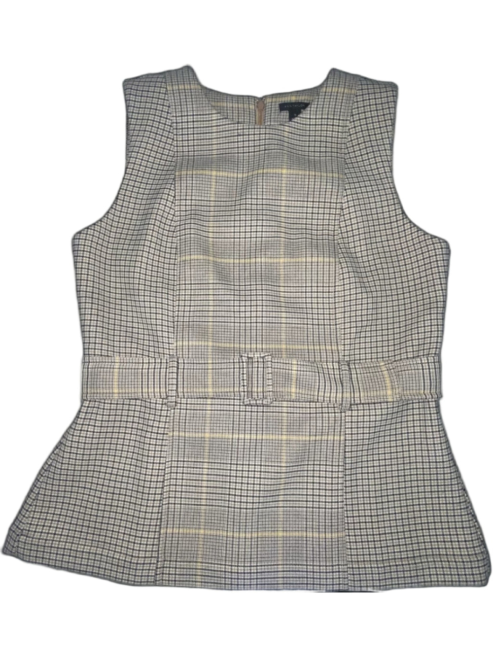 Ann Taylor Plaid Peplum Top Womens 10 Belted Sleeveless Preppy Office